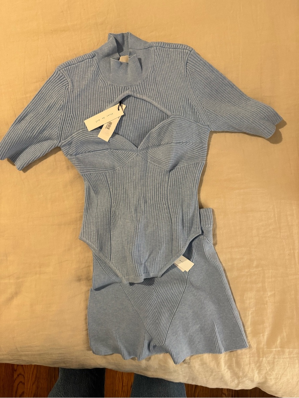 Fleur du Mal Light Blue Ribbed Knit Cutout Top and Booty shorts set